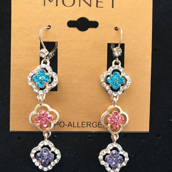 New Multicolored Monet Crystal White Rhinestone Long Earrings - Picture 1 of 1